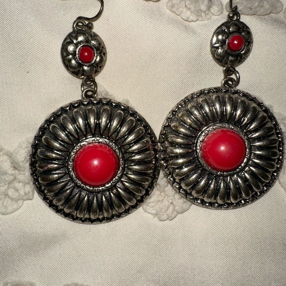 Silver and Red Floral Earrings
